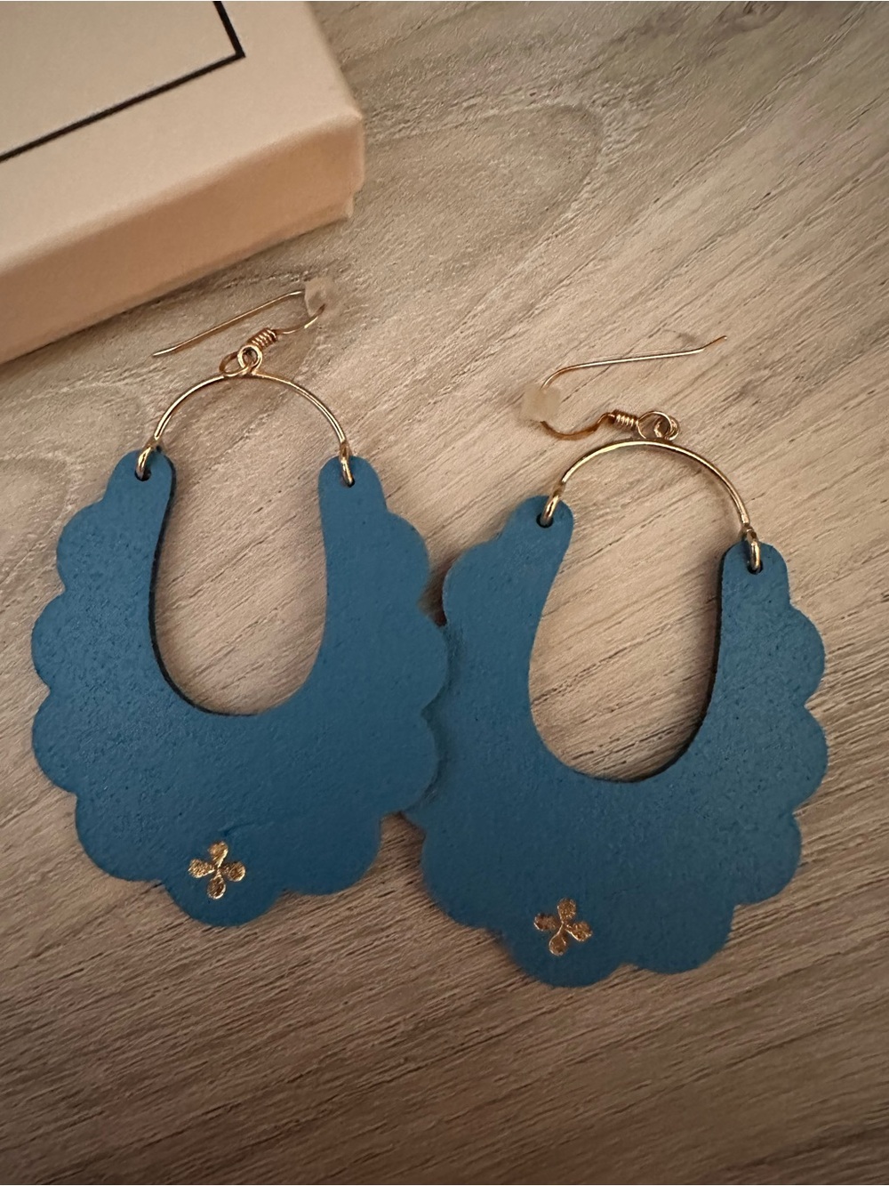 Nickel & Suede Blue Scalloped leather cutout drop Dahlia Earrings